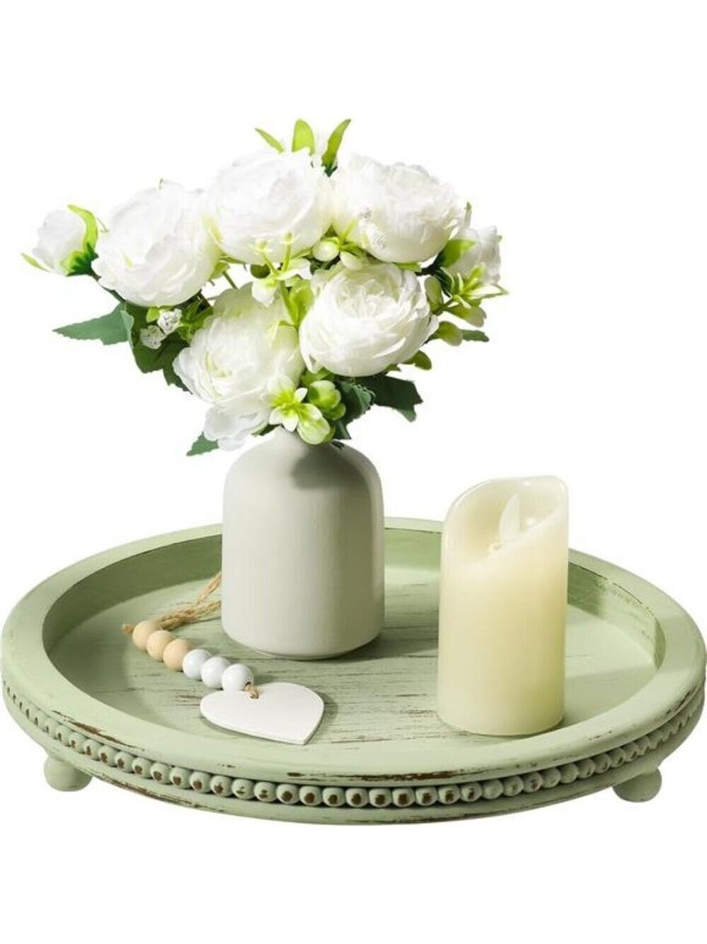 Wooden Beaded Round Tray Decorative Coffee Table Centerpiece Sage Farmhouse